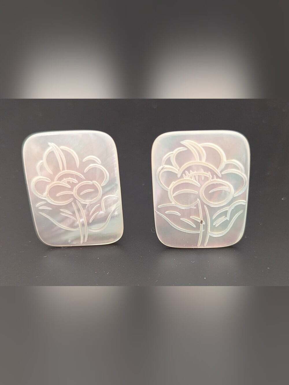 Iridescent White Mother-of-Pearl-Like Floral Engraved Pierced Earrings